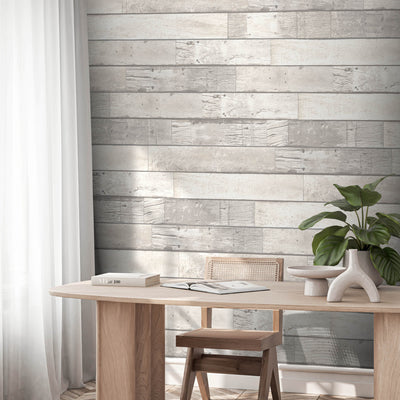 Driftwood Plank Cottage White Wallpaper