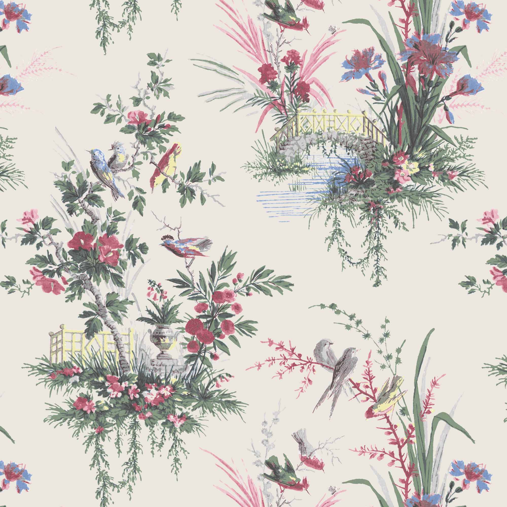 Magical Garden in Linen Wallpaper Floral, Chinoiserie, Birds, Flowers ...