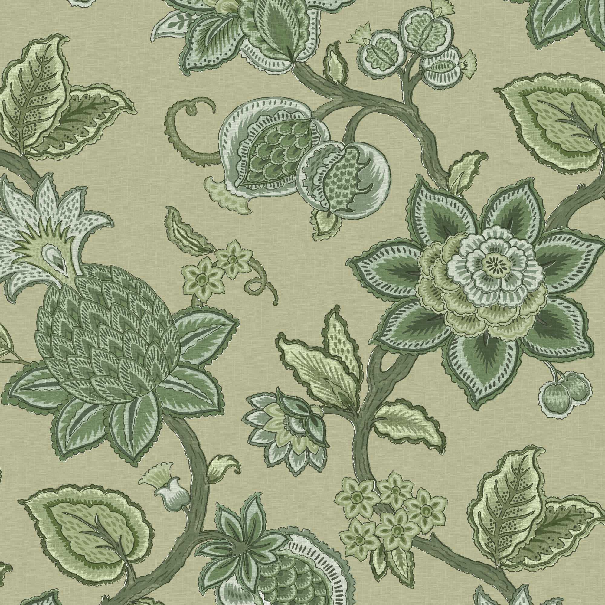 Doris Jacobean Green on Green Wallpaper Floral, Green, Beige, Leaves ...