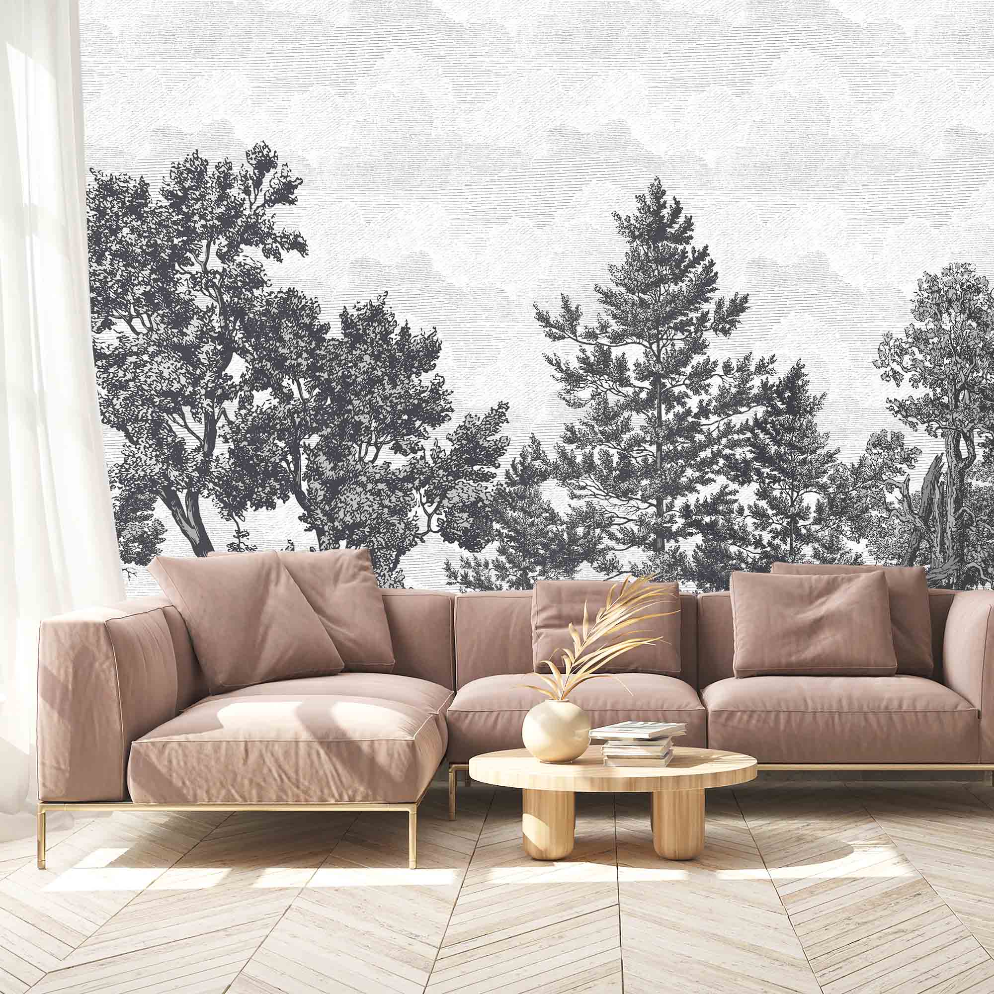 Wall Mural Wallpaper Black and White, Trees, Nature, Botanical ...