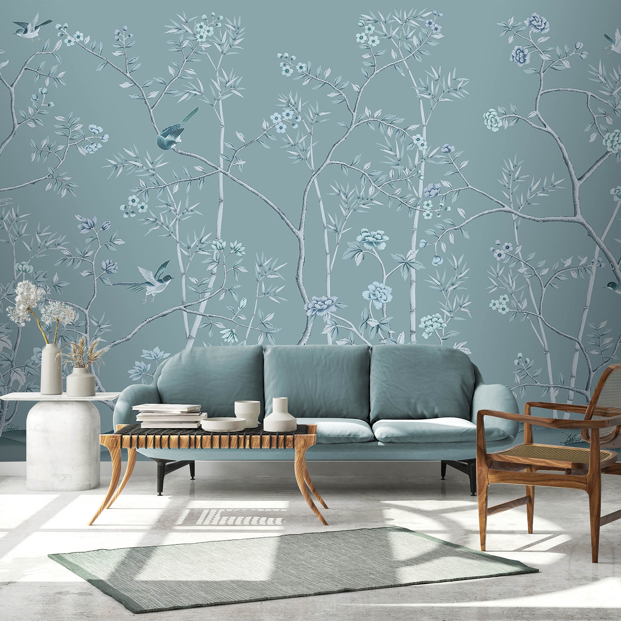 The Garden of Dreams Wall Mural Wallpaper Teal, Chinoiserie, Floral ...