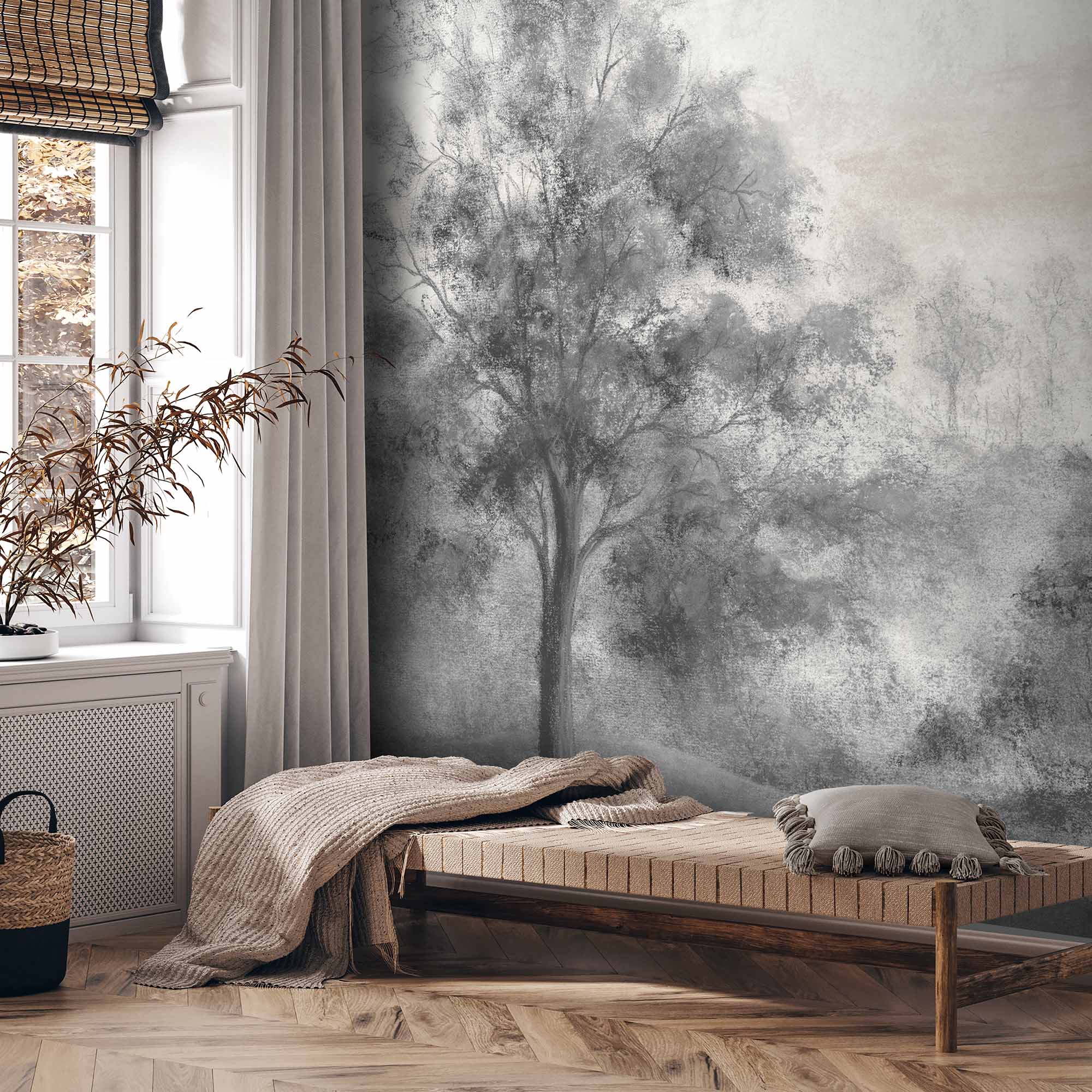 Quarlton Mono Wall Mural Wallpaper Grey, Trees, Foggy, Nature ...